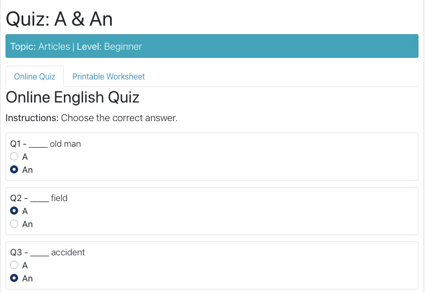 articles quiz